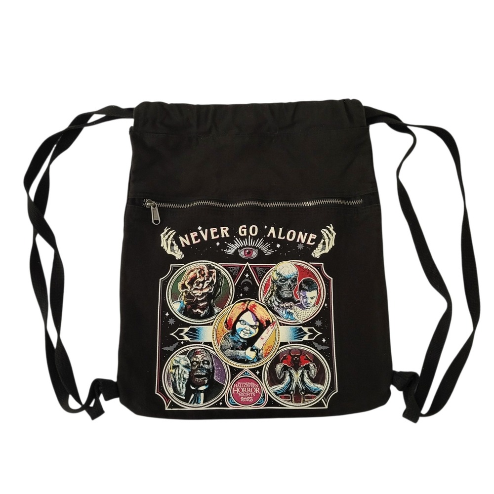 Universal Halloween Horror Nights 2023 Never Go Alone Drawstring Backpack Canvas